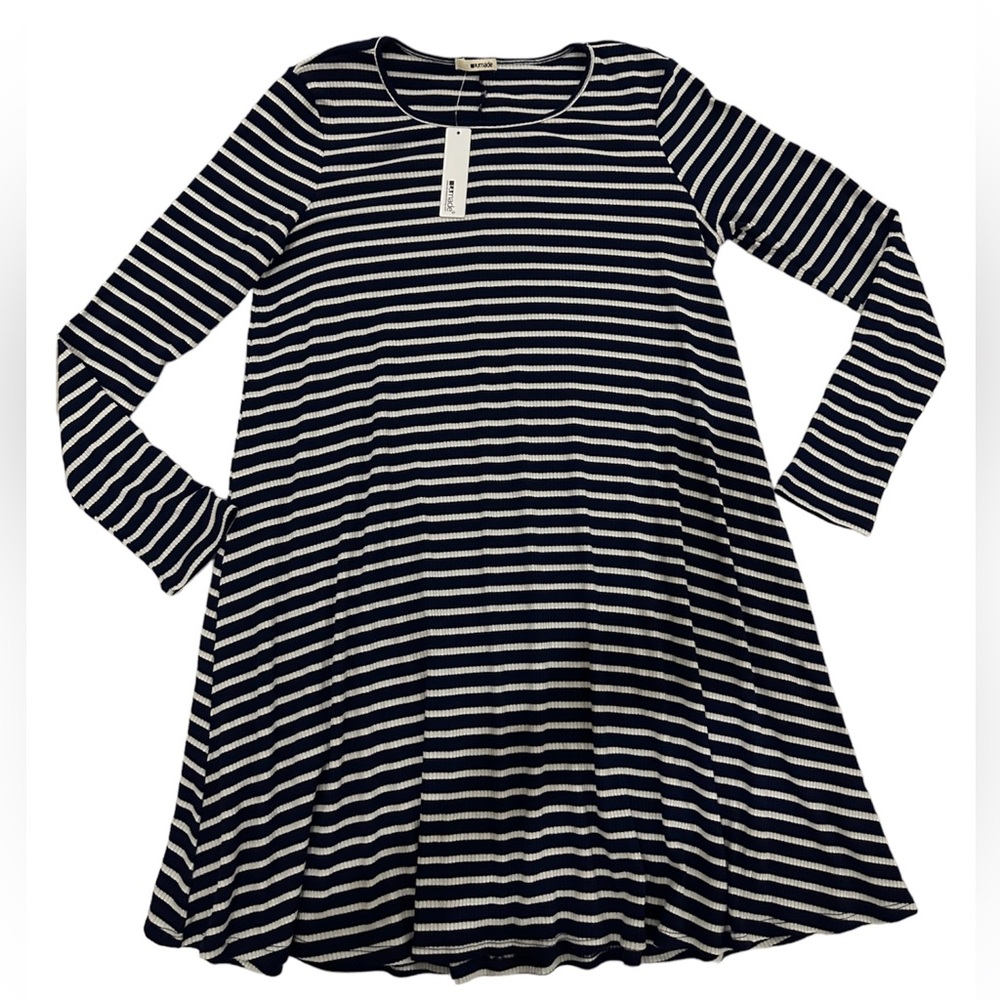 LA Made Mini Swing Dress navyBlue/White Stripe Long Sleeve Ribbed Sz L